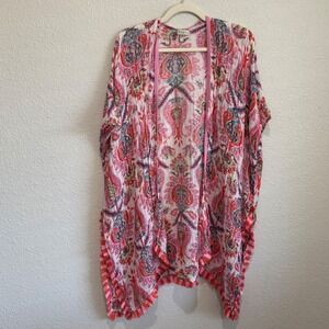 Spartina 449 Kaia Linen Fringe Trim Colorful Printed Kimono Top Boho Lightweight